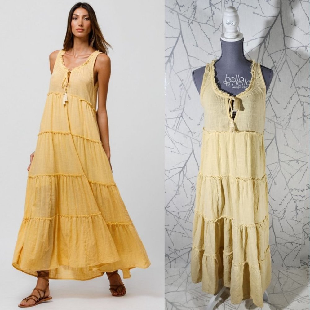 Beachgold Yellow Gauze Ruffle Tiered Flowy Ariella Maxi Dress